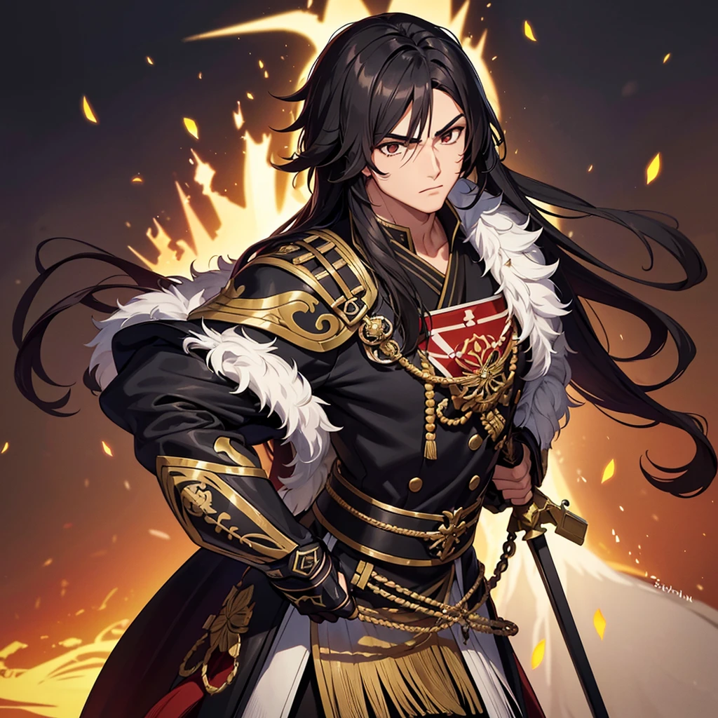 Create a muscular swordsman boy, attractive, with long black hair with Latin features with brown skin, a high-ranking military suit inspired by pre-Hispanic clothing. All in a genshin impact style