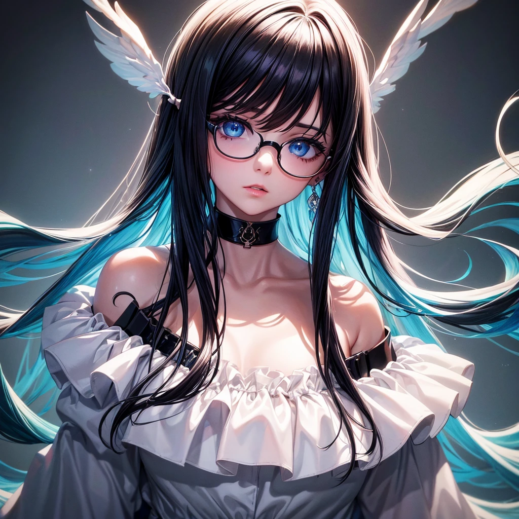 8k wallpaper, masterpiece, movie lighting, best quality, illustration, dramatic angle, ((color: 1.1)), ((color inner hair: 1.4)), 1girl, solo, long hair, water, blue eyes, black glasses, choker, parted lips, white choker, liquid hair, black hair, bangs, from side, side, upper body, simple background, gray background, bare shoulders, portrait, looking at the audience, white dress, hair between eyes, white background, earrings,