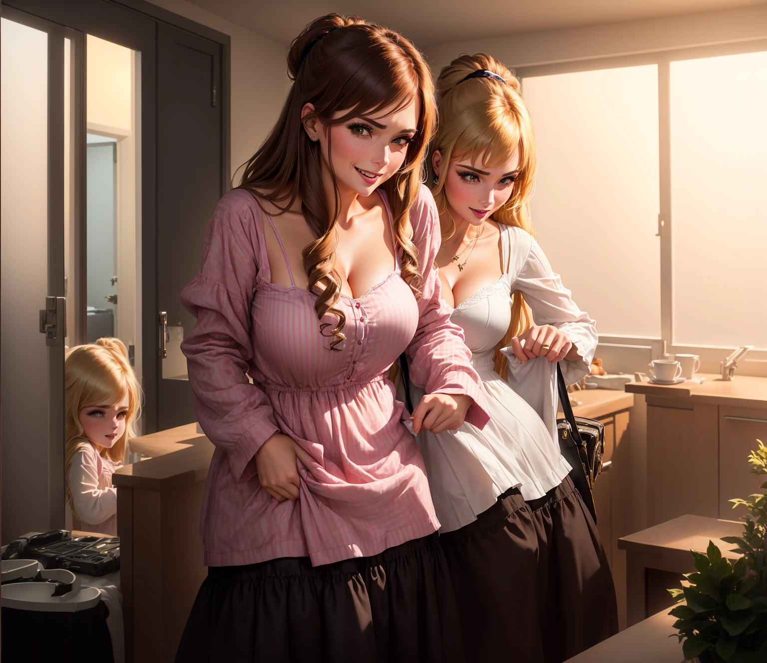 mother and daughter, 30-year-old woman, busty milf, lascivious brown hair, dressed in coguar outfits that attract the attention of 18-year-olds, excited with a mischievous smile, her 18-year-old blonde daughter with small breasts, rebellious, dressed in modern clothing, pissed off but excited with an air of superiority, they are both in the living room of their house dressed in daily clothes at night (intense lights)
