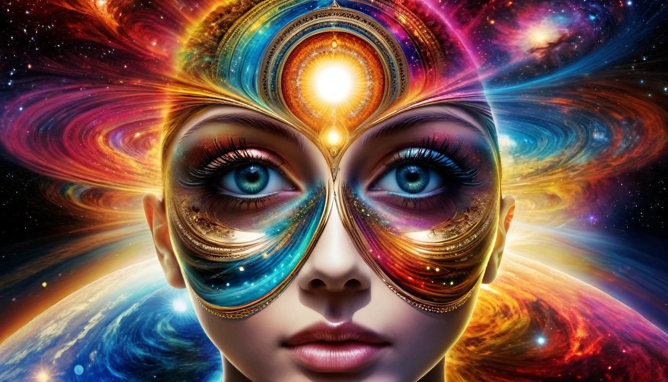 The art should be digital and contain surreal elements. In the center of the image, place a personwho conveys feelings of déjà vu,person who sees past times,past lives sensation in soul  xilogravura style,coloured bright images,spiritual feeling looking to spiritual universe
