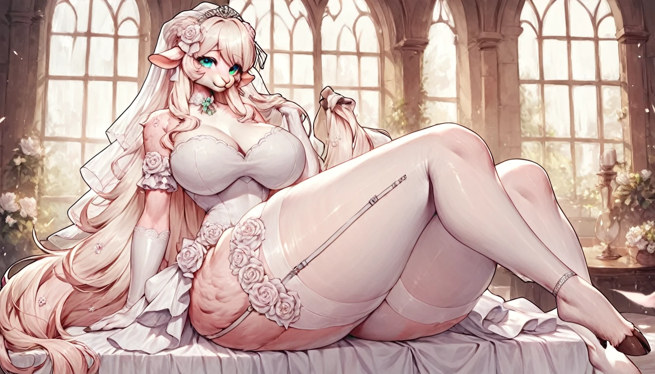 score_9, score_8_up, score_7_up, score_6_up, score_5_up, score_4_up, (solo), female anthro sheep, bride dress, lusty, fluffy body, long blond hair, turquoise eyes, sitting, (thick thighs:1.5) (she is sitting) garter belt tights, big breasts, from the back, backsite, from back