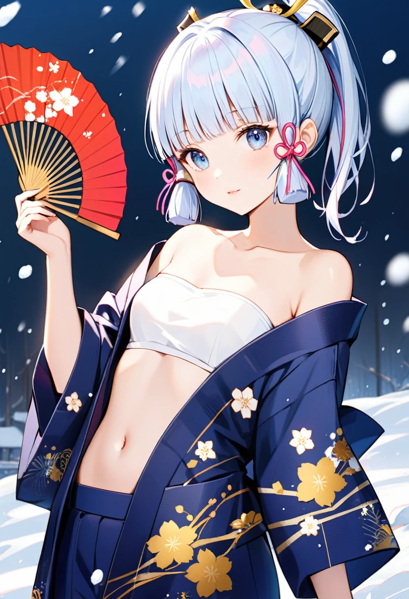 kamisato_ayaka,1girl,solo,snow,snowy,vivid colors eyes, vibrant colors,yukata,dark blue-yukata,Japanese yukata,small breast,micromastia,fan,sensu,gold embroidery ,bare upper chest ,white bandeau,white brassiere ,flat-chested ,navel
