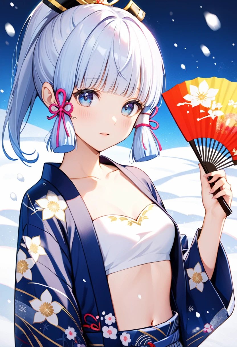 kamisato_ayaka,1girl,solo,snow,snowy,vivid colors eyes, vibrant colors,yukata,dark blue-yukata,Japanese yukata,small breast,micromastia,fan,sensu,gold embroidery ,bare upper chest ,white bandeau,white brassiere ,flat-chested ,navel