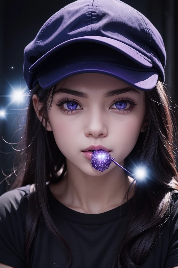 Blue cap, purple eyes, sparkles coming out of the purple eyes, and a black thing in the mouth, covering the black mouth, and a black t-shirt