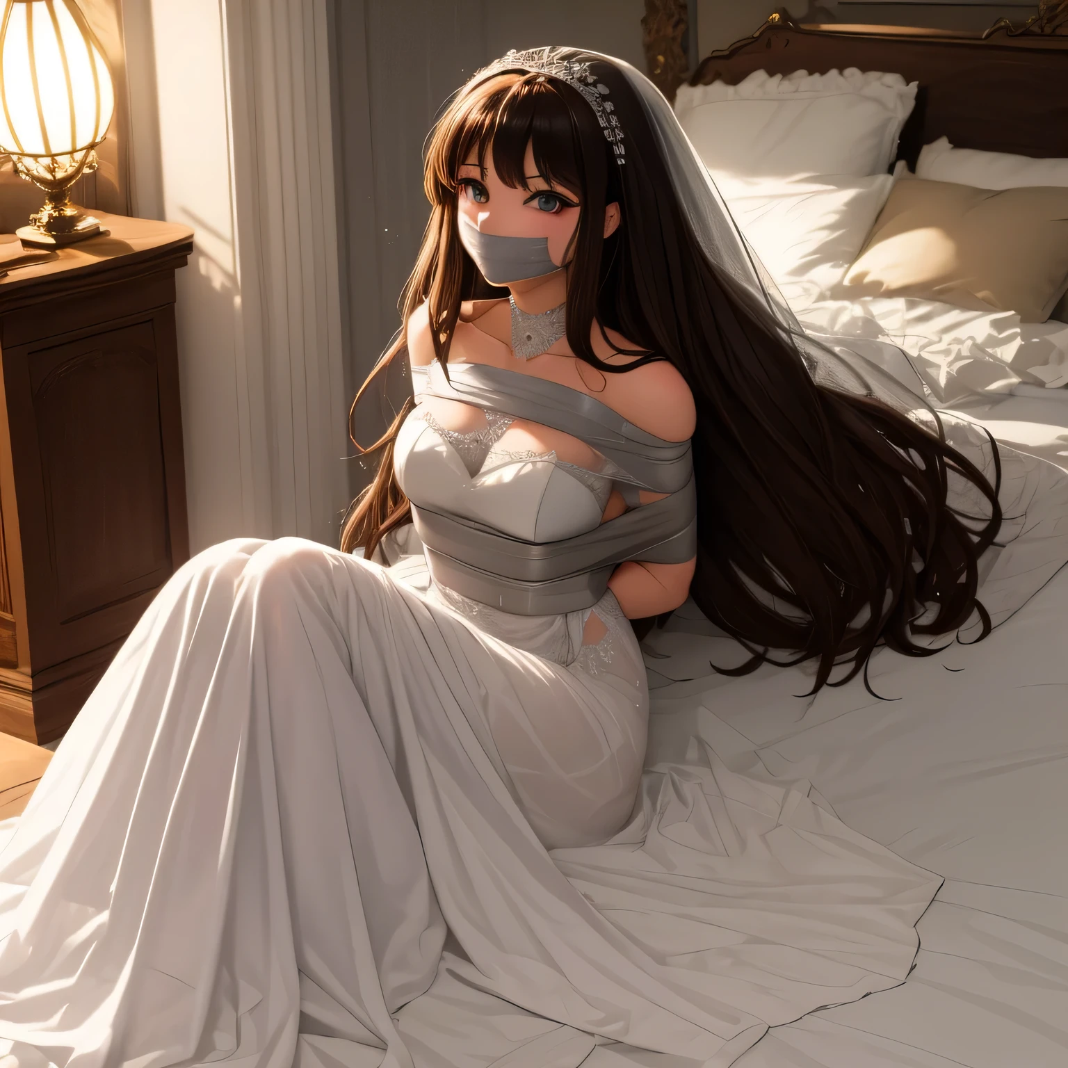 (bright lighting,romantic setting),bride captured, dreamy background,bondage,dark hair, mesmerizing gaze, , soft skin, alluring beauty, artistic portrait, high-quality image, vibrant colors, long silk gown, in the bed,tape bondage,tape gag, mosquito net, bridal