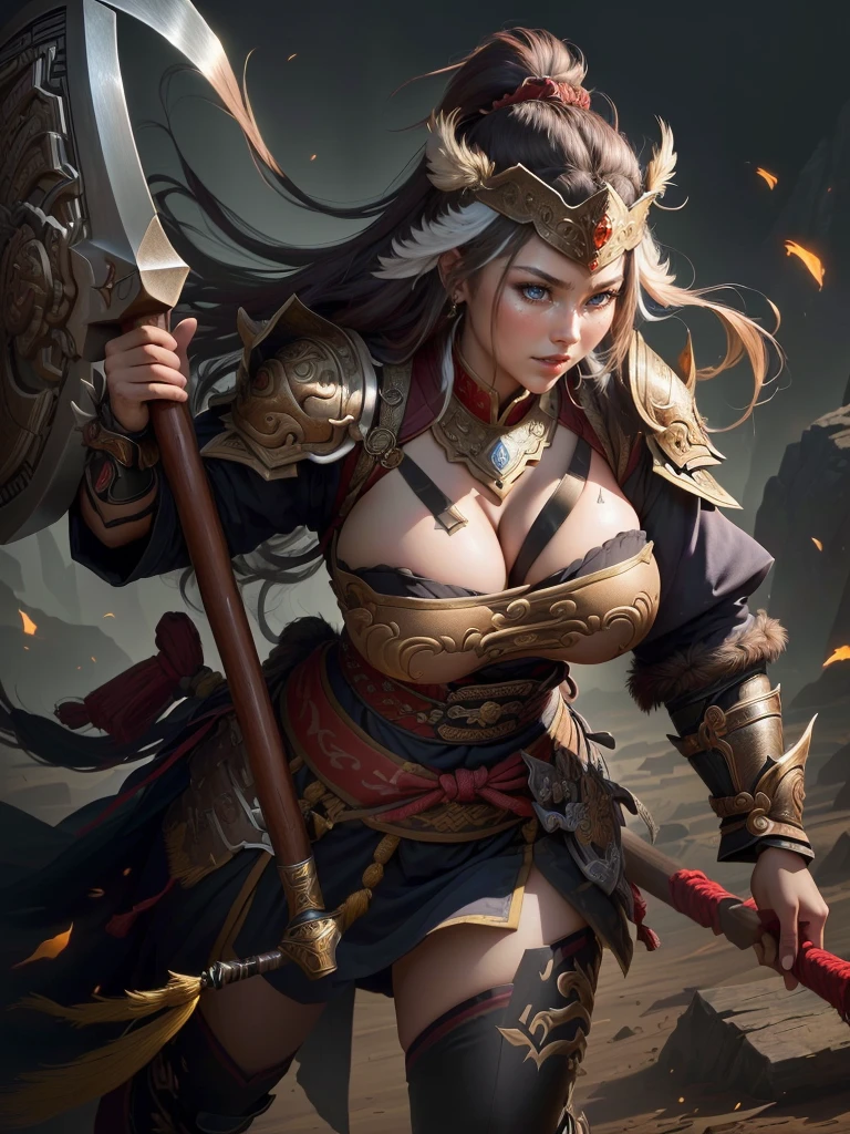 a woman with a large axe and a feathered head, inspired by Hu Zaobin, berserker potrait, guan yu, bian lian, sun wukong, mongol, inspired by Huang Shen, inspired by Li Gonglin, tai warlord, inspired by Wu Bin, wukong, inspired by Li Kan, naranbaatar ganbold, Highly detailed CG unit 8k wallpaper, masterpiece, High resolution, highest quality, highest quality real texture skin, Super Real, Digital Painting, Best image quality, 最High resolution, 8k, ((Highly detailed eyes and face, Beautiful eyes every detail)), 1girl, Full Body Shot, Saggy breasts, Gravity-dependent breasts, long chest, Heavy chest, disproportionate breasts, huge breasts, sagging breasts, gigantic breasts, erect nipple, Cleavage cut out, Look away, Gazing into the distance, ((open your mouth wide, 舌を長く伸ばす)), (evil smile, madness),