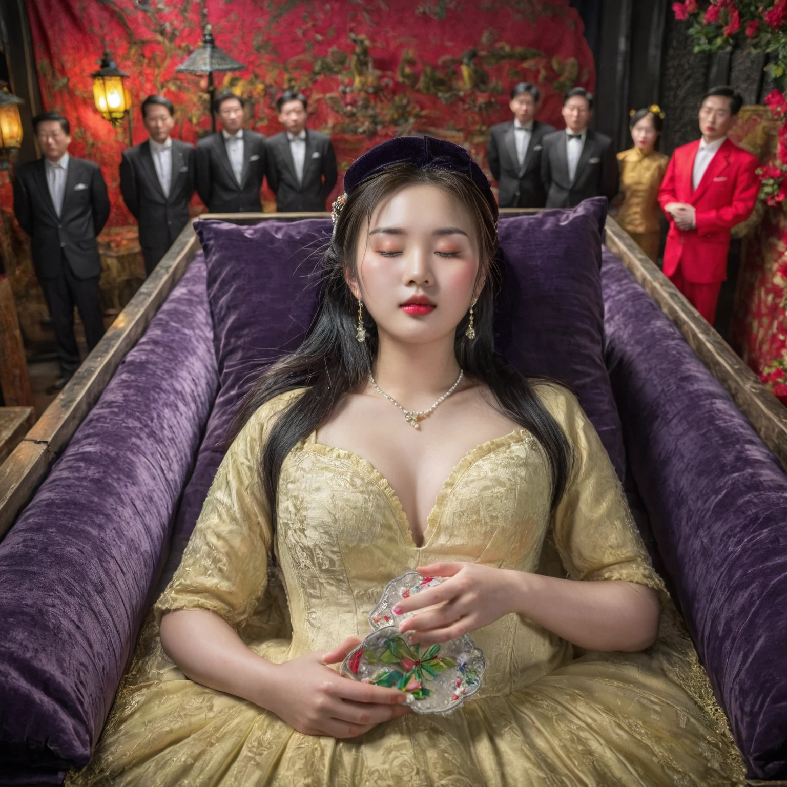 In a striking 8K HDR scene, a stunning Korean woman, 22 years old, lies peacefully in a black coffin surrounded by plush pillows. The deep box is set against a rich black background, accentuating the beauty of the subject. Her exquisite cheongsam attire is embroidered with superb detail, showcasing her beautiful eyebrows. Her closed eyes and mouth give an air of serenity, while her visible and absolute cleavage leave nothing to imagination. The scene is bathed in saturated colors, highlighting every intricate aspect from the ball skirt to her clean face, straight body, detailed hand perfect hands, straight body, own hands together, own hand on stomach, detailed hands, perfect hands.