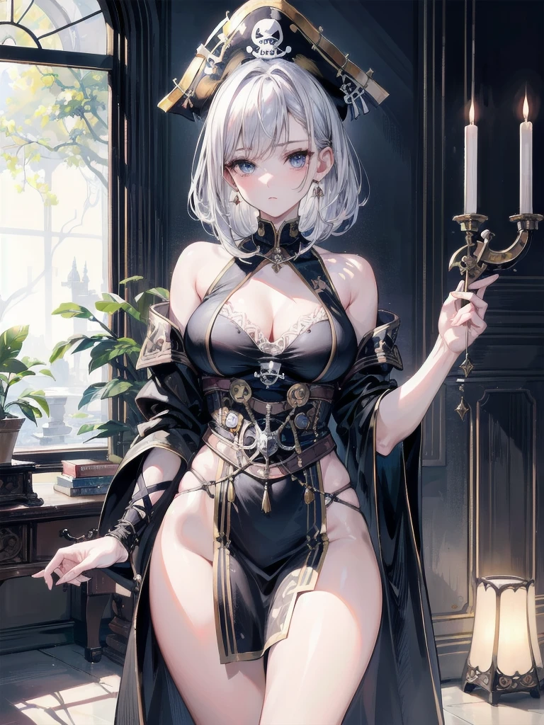 an attractive girl, sitting in a library, perfect body, wearing samurai clothes, cleavage, white hair, eye reflection, open mouth, slight smile, modern, anime, ray tracing, f/1.2, rounded corners, cropped, close-up, UHD, high details, 4K