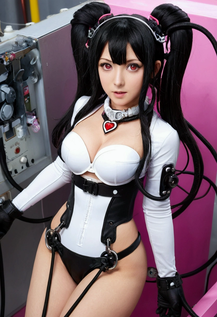 masterpiece,One Girl,(Heart-shaped pupils:1.2), Guide , (mecha musume:1.1), Black Hair, Twin tails, Ahoge,(bondage:1.2),(Sex Machine:1.2),(Machine tentacle fuck:1.1),(Have sex toys:1.2),(Electric shock:1.2) ,orgasm,Pussy juice,(Pee(2.0),Dynamic pose,Dynamic Angle,factory,Show Notes