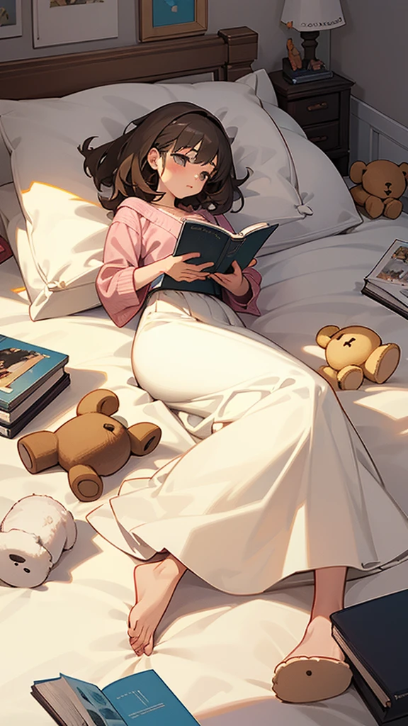 A girl listened to music, room full of drawings, teddy bears in bed, reading a book, Dog on the ground