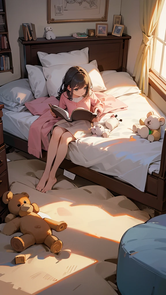 A girl listened to music, room full of drawings, teddy bears in bed, reading a book, Dog on the ground