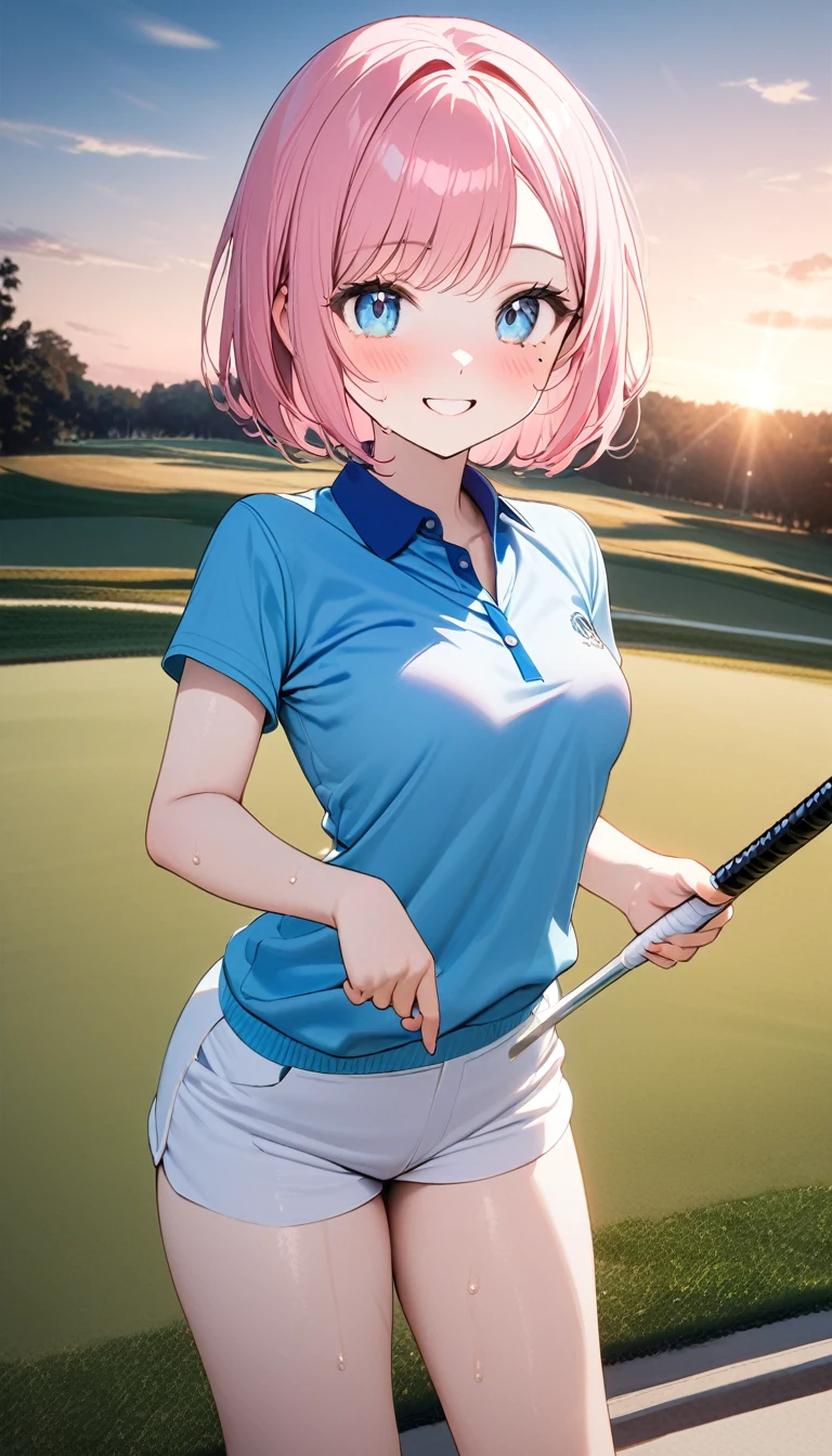 (1 girl),(Best Picture Quality, 8K, Masterpiece:1.3), (high school student:1.5), ((pink lob hair:1.1)), (bob cut),(swept bangs), (cute eyes, pupil black, iris skyblue, youthful face), (mole under right eye), (standard weight), (small breasts), (glistening skin:1.1),(pale skin:1.2),((magnificent view)),((Golf Uniform)),(Smile),(sweat),(Golf Swing).