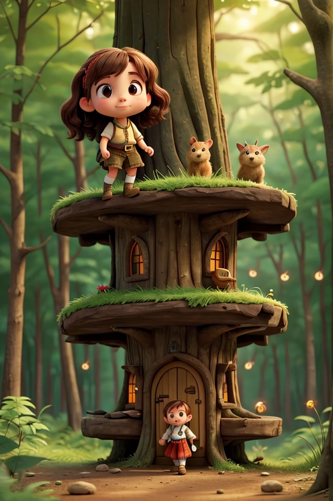 a dwarf girl, walking into the forest, the girl is on top of a groundhog, there are fireflies