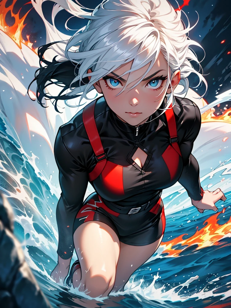 One with black blue hair, white hair, eyes, a better mouth, a red nose, a beautiful black outfit, behind her there is fire and water, she has the power of fire and water