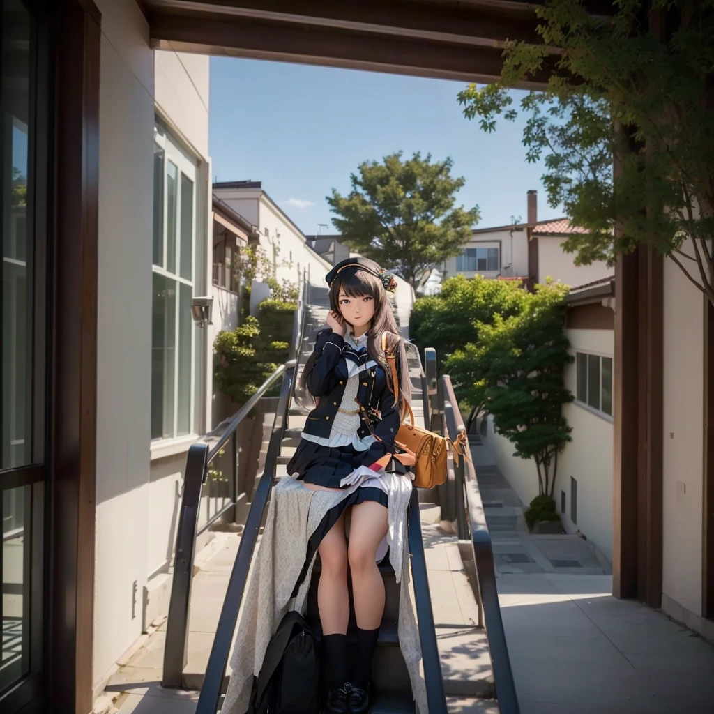 There is a woman sitting on the stairs with her bag., Anime Girl Cosplay, Kantai Collection Style, Ayaka Cosplay, Cosplay Photo, Shot with a Canon 5D Mark II, Photo taken with Sony a7r, Inspired by Tsubasa Nakai, Mayuri Shiina from Stein&#39;s Gate, Shot with Canon EOS R 6, アニメコスプレshe is a japanese woman she is 17 years old. she is very skinny. Her shoulders are very narrow. she is naked. her breasts are small. She is 170 cm tall. She weighs 35kg. She has a transparent pink cunt exposed. She draws the female genitalia clearly.Her outline is thin and she doesn't use black, A sweet look in love. Her cheeks are dyed red. Japanese painting. pale watercolor. Do not draw outlines.The uterus and vagina are visible through the skin. The skin is transparent and the organs are visible.Very thin, small breasts, thin legs Pink straight hair, brown eyes, A short skirt with a checkered pattern, a tie of the same color as the skirt, and a navy blue blazer.Female genitalia exposed.  with an anarchic color scheme.A Japanese high school girl is coming home from school and changing her clothes, exposing her skin.She is wearing a navy blazer, a plaid/checkered skirt, black knee-high socks, and has long pink hair, wearing glasses.The genitals are exposed and conspicuous.I'm changing clothes in my room and I'm naked. She doesn't even wear underwear.Do not draw outlines. A pale watercolor painting. Color saturation is low.