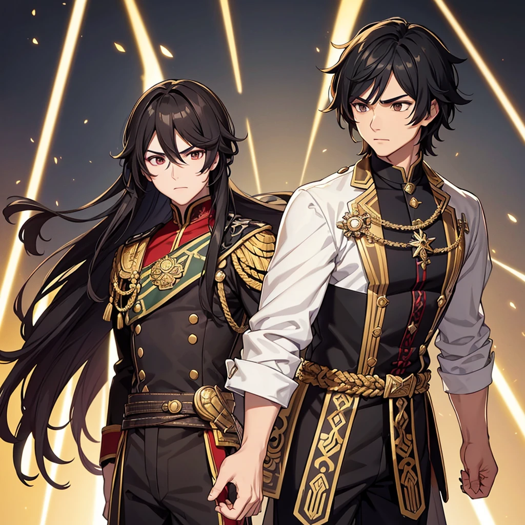 Create a muscular swordsman boy, attractive, with black and somewhat long hair with Mexican features with brown skin, a high-ranking military suit inspired by pre-Hispanic clothing. All in a style as if it were a genshin impact character 