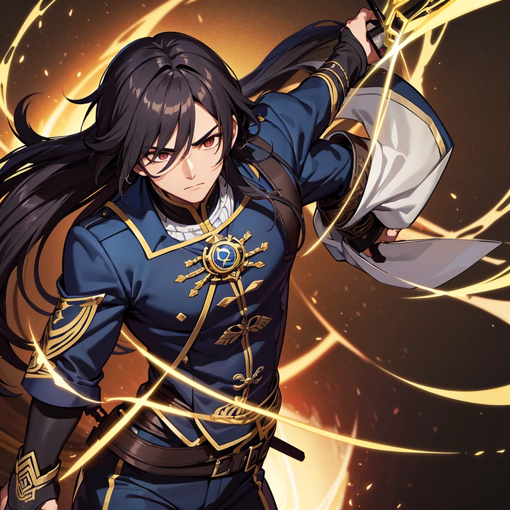 Create a muscular swordsman boy, attractive, with black and somewhat long hair with Mexican features with brown skin, a high-ranking military suit inspired by pre-Hispanic clothing. All in a style as if it were a genshin impact character