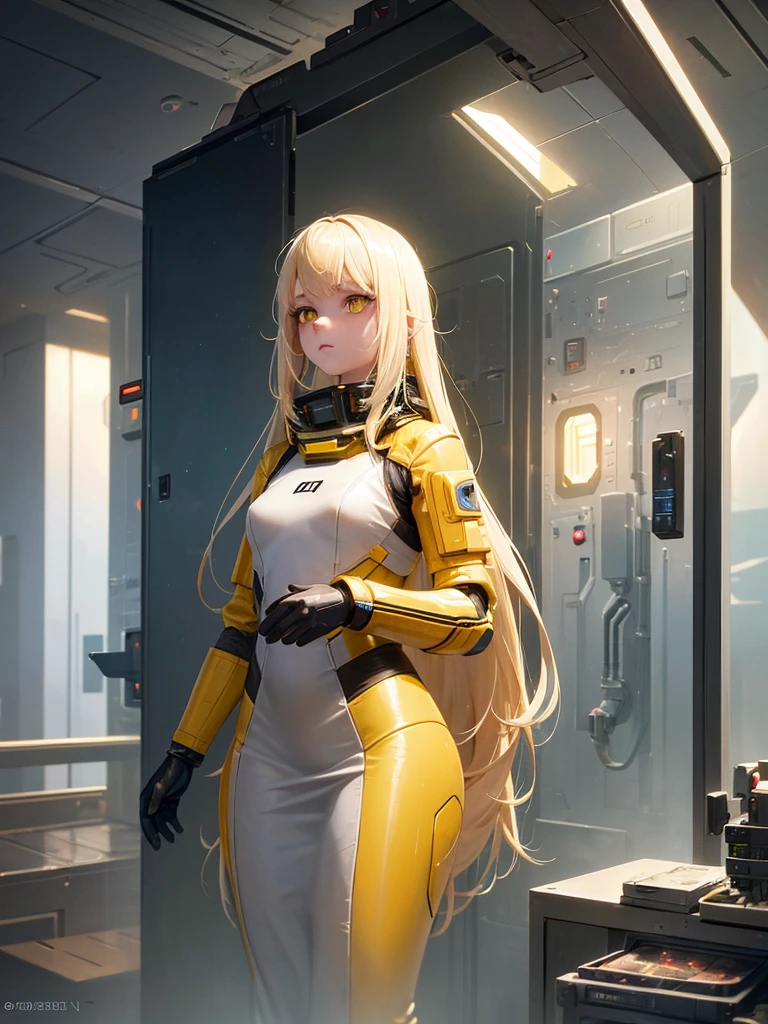 (young girl, 12 years old, blond hair, photorealistic, pale skin), (yellow (eyes:1.2)), (slim build:1.3), (fantasy space suit), beautiful face, symmetrical face, Greg Rutkowski, wlop and Sam Kuvshinov, (long hair), blond eyelashes, large iris, large pupil, full body, standing on the background of the cosmodrome, artstation, 8k, science fiction, pastel colors, props, panel, concept, futuristic, gribble, simon stalenhag, space, in outer space, a spaceship in the sky, technological blocks, black pantyhouse