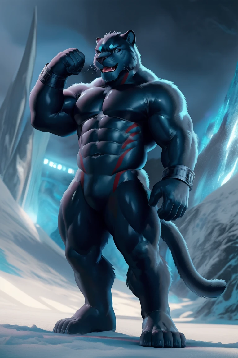 (Avengers style Black Panther), (pose:1.3), (posing:1.3), (soft shading), 4k, hi res, five fingers, detailed hands, ((detailed face, (detailed eyes:1.3), detailed)), ((focus on full body)),show legs,show feet,(by takahirosi:1.5), solo, looking at viewer,angry roaring, 1boy, snow background with ice, navel, standing, full body, male focus, abs, biceps, flexing,((nude)), smile,furry