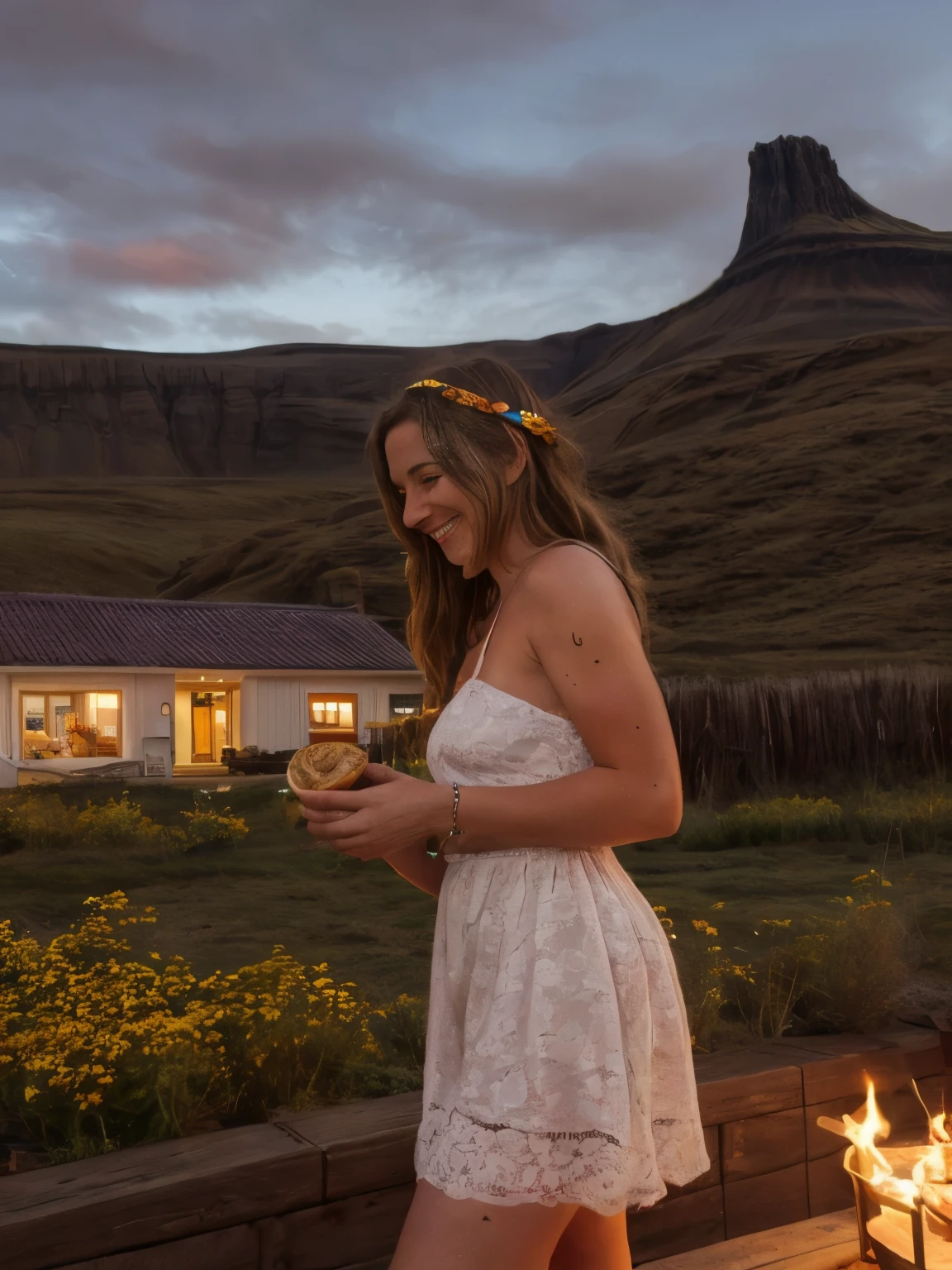 A serene evening BBQ dinner with the Navajo tribe in the Southwestern United States, set in the 1800s. The scene is under a clear, star-filled sky in the vast desert landscape of Arizona. The Navajo woman, slightly smiling and looking at the camera, wears a traditional velvet blouse adorned with silver and turquoise jewelry, and a long, flowing skirt made of cotton. She stands next to a group of family and friends, all dressed in similar traditional attire, featuring intricate beadwork and leather moccasins.
The BBQ setup includes a fire pit surrounded by natural wood chairs and woven blankets. The air is filled with the savory aroma of grilled mutton, a staple of Navajo cuisine, accompanied by blue corn mush and fry bread. Traditional Navajo baskets filled with fruits and nuts are placed on a large wooden table. The backdrop features red sandstone cliffs, with a view of the distant Monument Valley under the soft glow of the setting sun.
Traditional rugs and woven textiles add color and warmth to the scene, enhancing the festive atmosphere. The guests engage in animated conversations, sharing stories and laughter, while traditional Navajo music softly plays in the background, creating a sense of community and celebration.
Items/objects/tools: fire pit, wooden chairs, woven blankets, grilled mutton, blue corn mush, fry bread, Navajo baskets, fruits, nuts, wooden table, sandstone cliffs, traditional rugs, woven textiles, leather moccasins, beadwork, turquoise jewelry, velvet blouse, cotton skirt, red cliffs, Monument Valley, Navajo music, traditional pottery, silver jewelry, storytelling, drums.