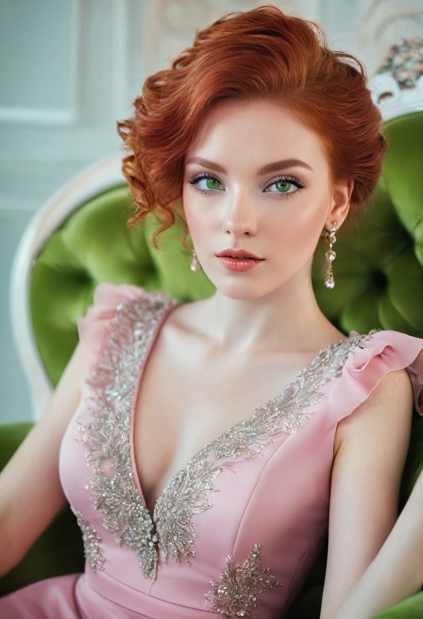 Red-haired girl with green eyes fair skin in pink dress in a luxurious armchair
