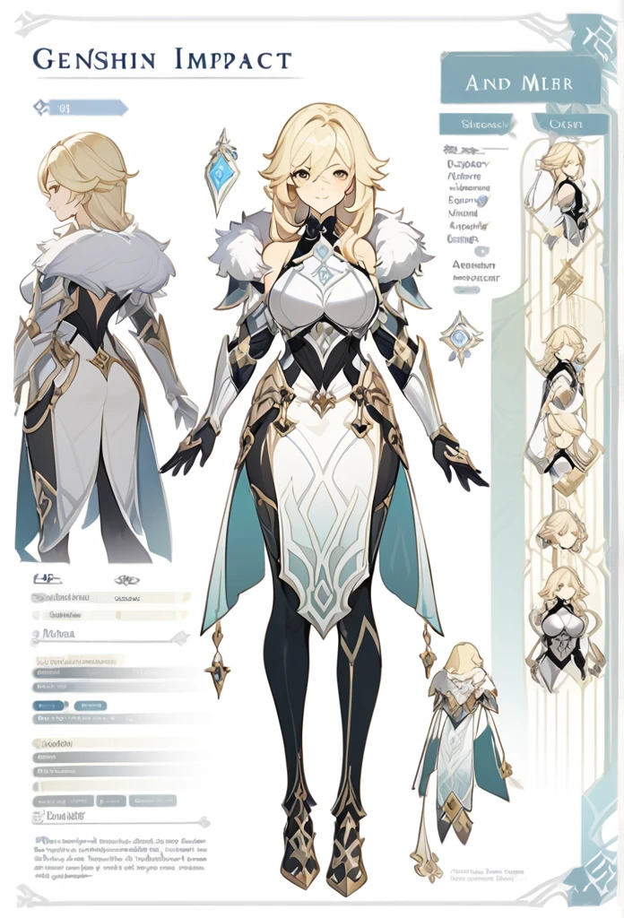 Genshin impact, genshin impact outfit, large breast, standing, character sheet, white backgound, bare shoulders, fur mantle, long hair,
slender legs, milf, adult, ((plate armor))