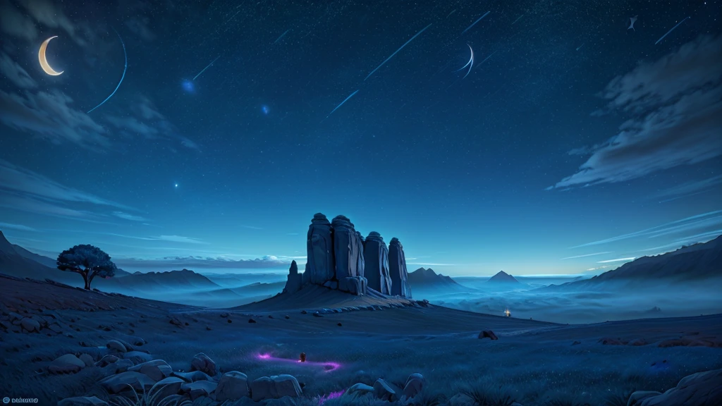a breathtaking night sky, a serene starry night, a galaxy of twinkling stars, glowing crescent moon, atmospheric hazy clouds, ethereal moonlight, dramatic chiaroscuro lighting, vibrant deep blue tones, photorealistic, highly detailed, cinematic composition, dramatic mood, mystical atmosphere, epic fantasy landscape