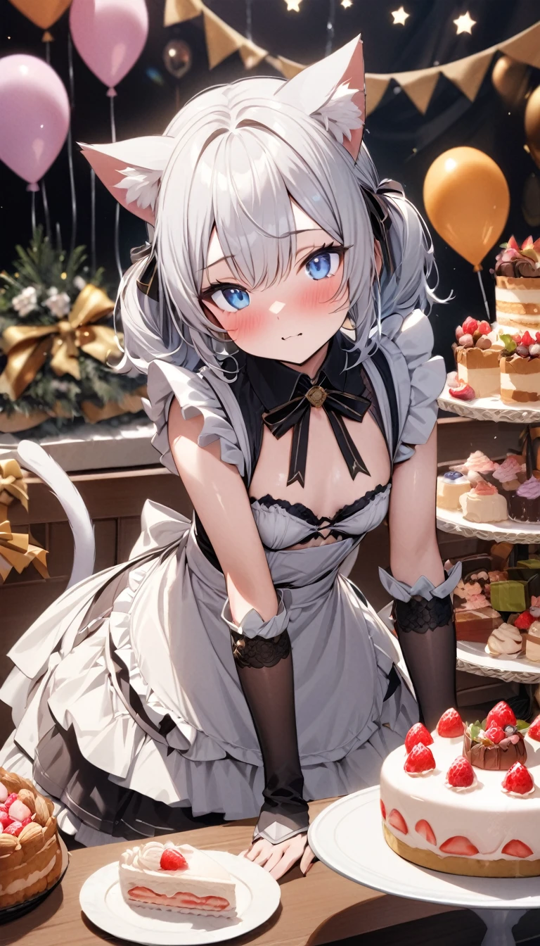 (nsfw:1.3),(open chest:1.3),((very flat chest :1.3)),((open skirt:1.3)),((side tie panties)),opne vagina, highest quality, masterpiece, long eyelashes, Sparkling輝く目, Dresses with ruffles and ribbons, Eat cake in a café, Sparkling, Cat ear, flower hair ornament,