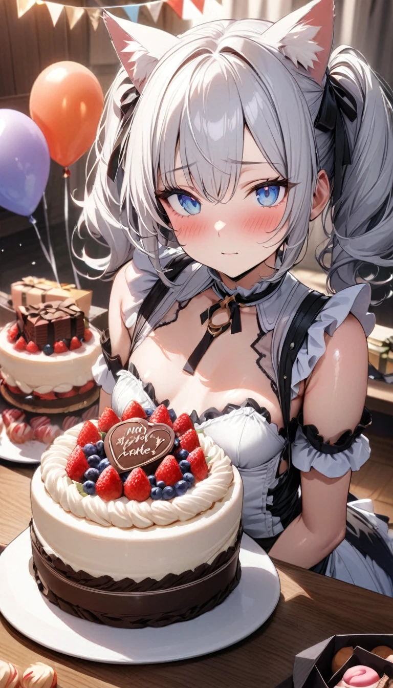 (((best quality)), ((masterpiece)), (details), masterpiece, best quality, high quality, ulutra detailed, perfect face, ((1girl, blue eyes, cat ears: 1.3 silver hair: 2.5,)) 、Shiny Hair、Glowing Skin、blush、Lustful look、Maid clothes、Short Twin Tails、Small breasts、3Tiered whole cake、celebration、Cakes, sweets, snacks and fruits lined up on the table、celebrationパーティー、A background with lots of presents and balloons