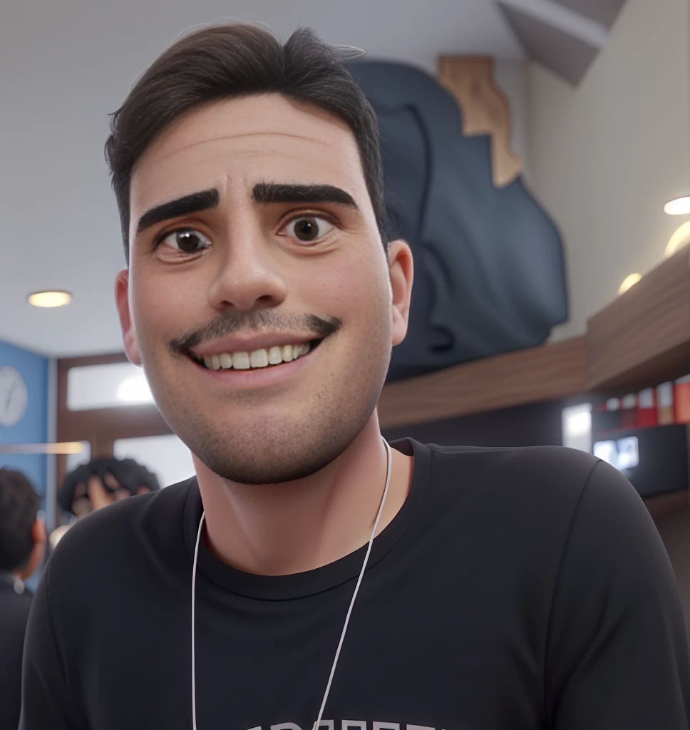 24 year old man, white skin color, short straight black hair, thin moustache, light brown eye color, dimple in smile, wearing a black blouse.