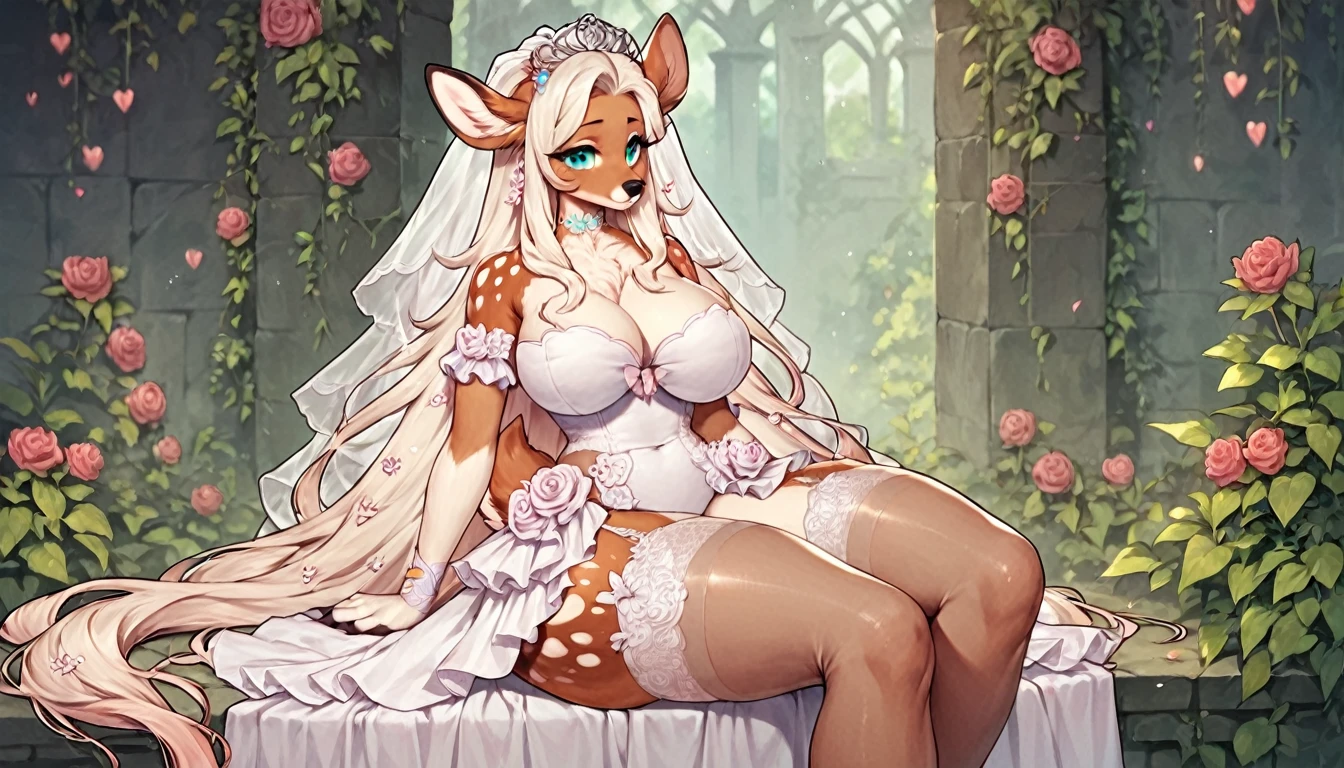 score_9, score_8_up, score_7_up, score_6_up, score_5_up, score_4_up, (solo), female anthro deer, bride dress, lusty, fluffy body, long blond hair, turquoise eyes, sitting, (thick thighs:1.5) (she is sitting) garter belt tights, big breasts, from the back, backsite, from back