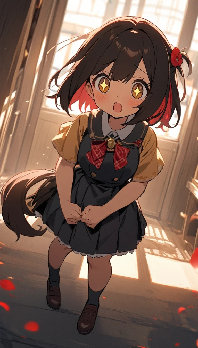 Me, Alone, 1 girl, yellow_students, +_+, negro_Hair, high_Horse tail, red_flower_Hair_ornament