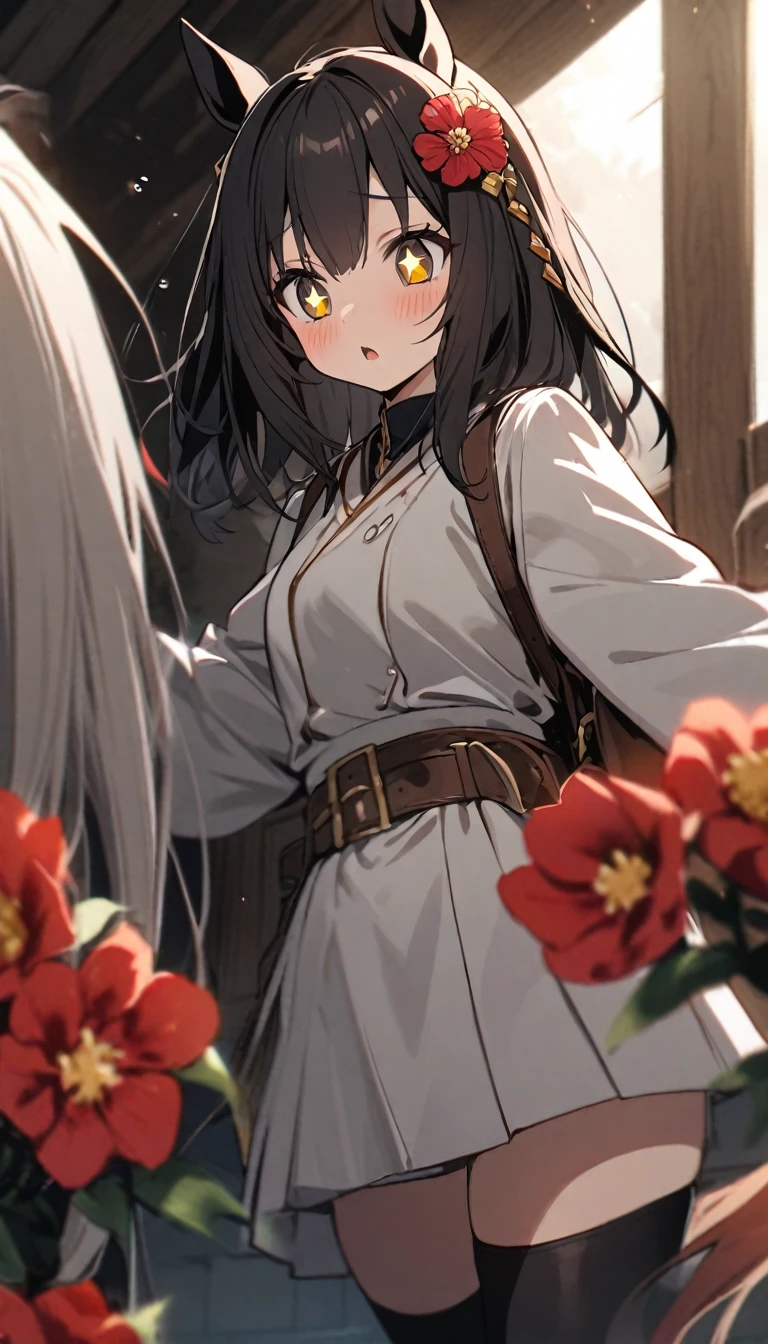 Me, Alone, 1 girl, yellow_students, +_+, negro_Hair, high_Horse tail, red_flower_Hair_ornament