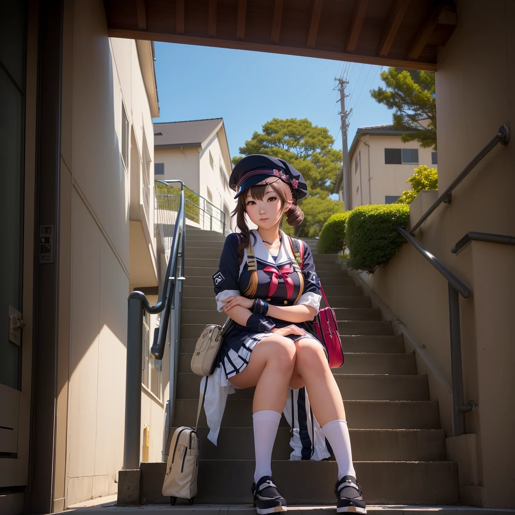 There is a woman sitting on the stairs with her bag., Anime Girl Cosplay, Kantai Collection Style, Ayaka Cosplay, Cosplay Photo, Shot with a Canon 5D Mark II, Photo taken with Sony a7r, Inspired by Tsubasa Nakai, Mayuri Shiina from Stein's Gate, Shot with Canon EOS R 6, アニメコスプレshe is a japanese woman she is . she is very skinny. Her shoulders are very narrow. she is naked. her breasts are small. She is 170 cm tall. She weighs 35kg. She has a transparent pink cunt exposed. She draws the female genitalia clearly.Her outline is thin and she doesn't use black, A sweet look in love. Her cheeks are dyed red. Japanese painting. pale watercolor. Do not draw outlines.The uterus and vagina are visible through the skin. The skin is transparent and the organs are visible.Very thin, small breasts, thin legs Pink straight hair, brown eyes, A short skirt with a checkered pattern, a tie of the same color as the skirt, and a navy blue blazer.Female genitalia exposed. with an anarchic color scheme.A Japanese high school girl is coming home from school and changing her clothes, exposing her skin.She is wearing a navy blazer, a plaid/checkered skirt, black knee-high socks, and has long pink hair, wearing glasses.The genitals are exposed and conspicuous.I'm changing clothes in my room and I'm naked. She doesn't even wear underwear.Do not draw outlines. A pale watercolor painting. Color saturation is low.