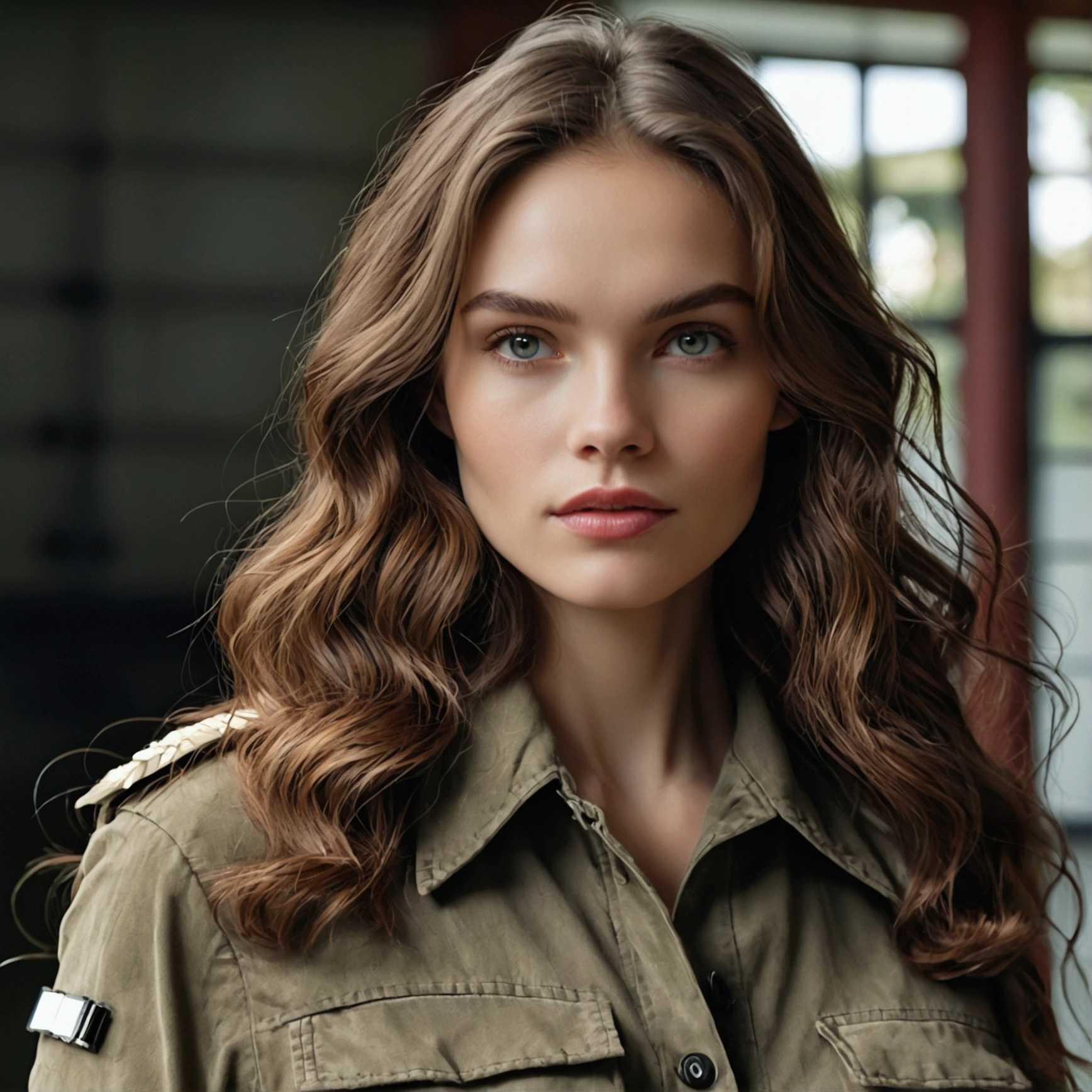 Create a woman with long, brown hair that has a natural shine that reflects sunlight. Your eyes are delicate like an almond, an intense brown with an intense shine. Your skin is pale and smooth, possessing a touch of delicacy. Your strong, defined jawline, has a slim and elegant body.