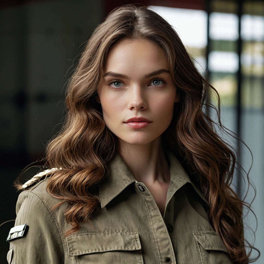 Create a woman with long, brown hair that has a natural shine that reflects sunlight. Your eyes are delicate like an almond, an intense brown with an intense shine. Your skin is pale and smooth, possessing a touch of delicacy. Your strong, defined jawline, has a slim and elegant body.