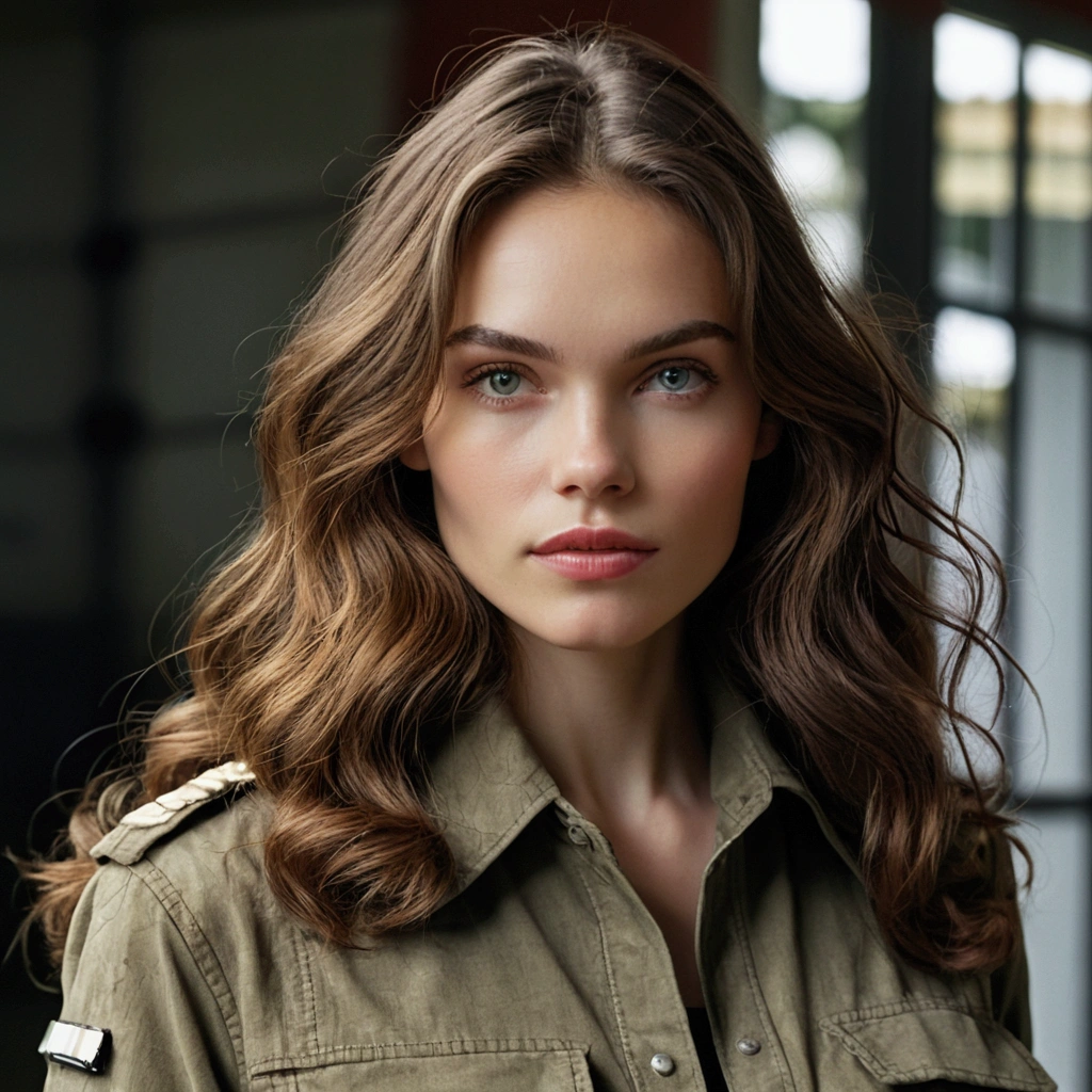 Create a woman with long, brown hair that has a natural shine that reflects sunlight. Your eyes are delicate like an almond, an intense brown with an intense shine. Your skin is pale and smooth, possessing a touch of delicacy. Your strong, defined jawline, has a slim and elegant body.