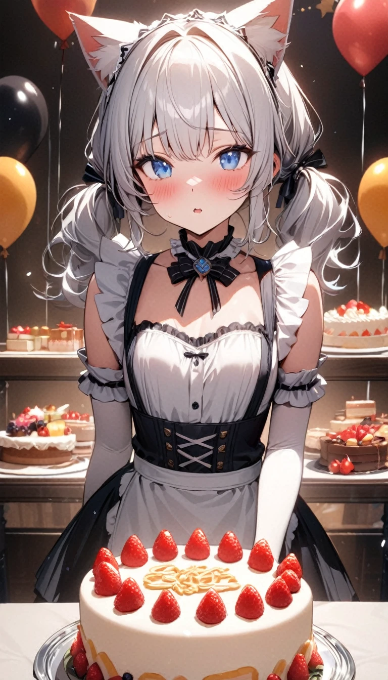 (((best quality)), ((masterpiece)), (details), masterpiece, best quality, high quality, ulutra detailed, perfect face, ((1girl, blue eyes, cat ears: 1.3 silver hair: 2.5,)) 、Shiny Hair、Glowing Skin、blush、Lustful look、Maid clothes、Short Twin Tails、Small breasts、３Tiered whole cake、celebration、Cakes, sweets, snacks and fruits lined up on the table、celebrationパーティー、A background with lots of presents and balloons
