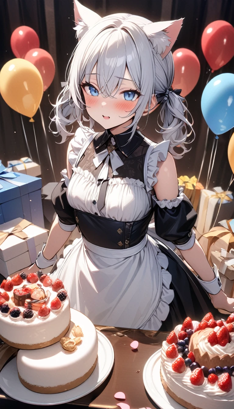 (((best quality)), ((masterpiece)), (details), masterpiece, best quality, high quality, ulutra detailed, perfect face, ((1girl, blue eyes, cat ears: 1.3 silver hair: 2.5,)) 、Shiny Hair、Glowing Skin、blush、Lustful look、Maid clothes、Short Twin Tails、Small breasts、３Tiered whole cake、celebration、Cakes, sweets, snacks and fruits lined up on the table、celebrationパーティー、A background with lots of presents and balloons