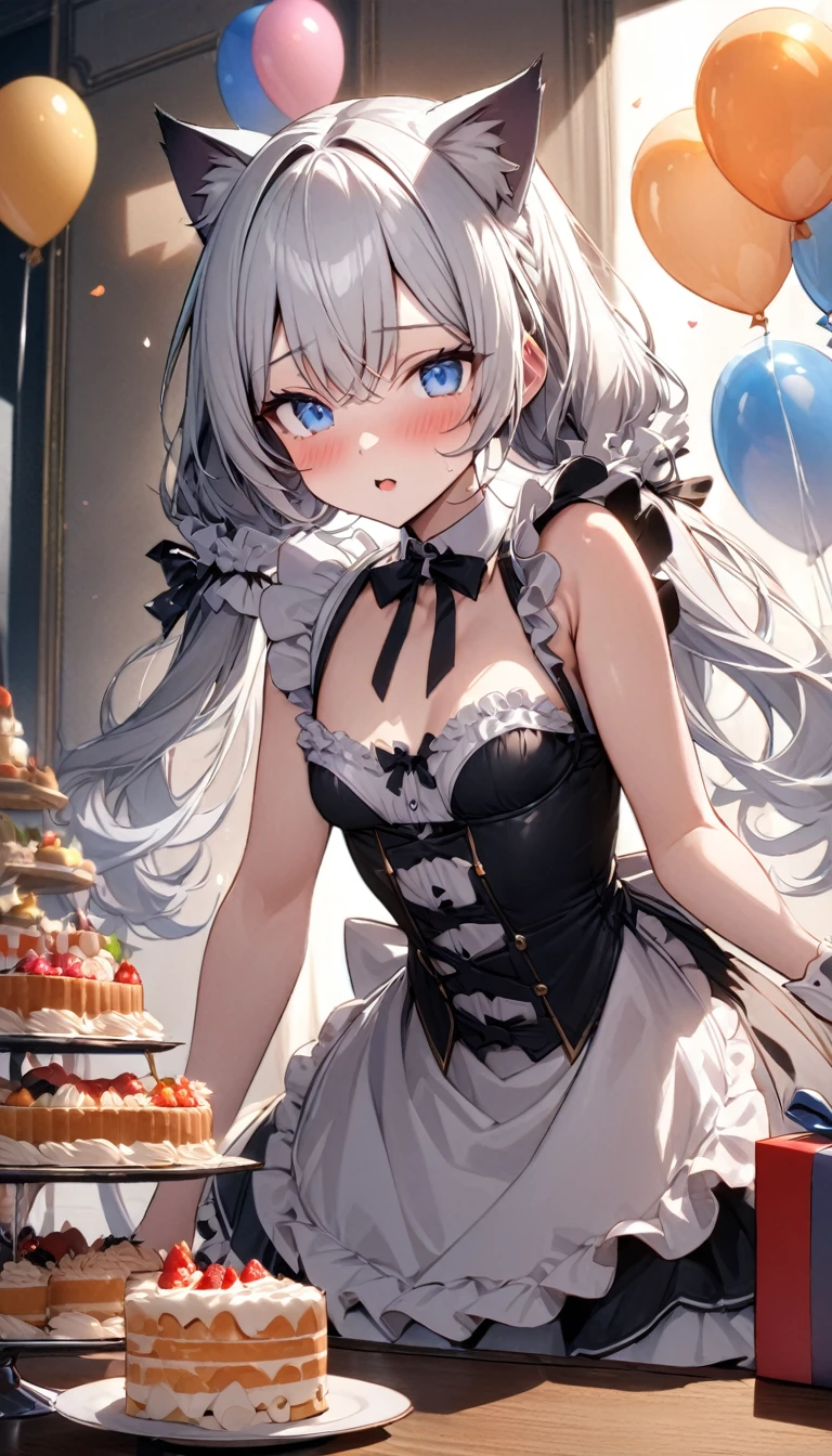 (((best quality)), ((masterpiece)), (details), masterpiece, best quality, high quality, ulutra detailed, perfect face, ((1girl, blue eyes, cat ears: 1.3 silver hair: 2.5,)) 、Shiny Hair、Glowing Skin、blush、Lustful look、Maid clothes、Short Twin Tails、Small breasts、３Tiered whole cake、celebration、Cakes, sweets, snacks and fruits lined up on the table、celebrationパーティー、A background with lots of presents and balloons