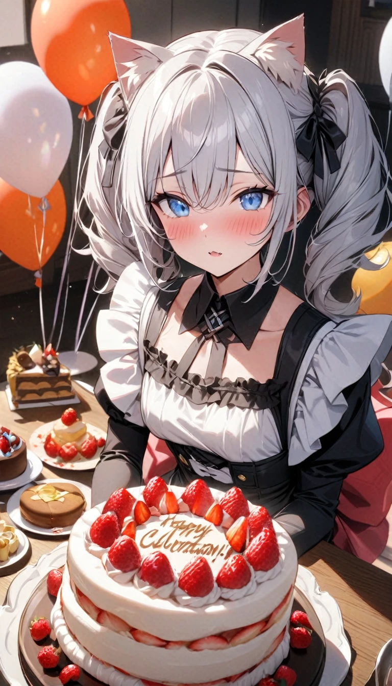 (((best quality)), ((masterpiece)), (details), masterpiece, best quality, high quality, ulutra detailed, perfect face, ((1girl, blue eyes, cat ears: 1.3 silver hair: 2.5,)) 、Shiny Hair、Glowing Skin、blush、Lustful look、Maid clothes、Short Twin Tails、Small breasts、3Tiered whole cake、celebration、Cakes, sweets, snacks and fruits lined up on the table、celebrationパーティー、A background with lots of presents and balloons
