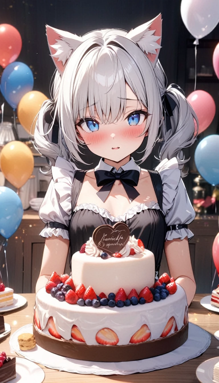 (((best quality)), ((masterpiece)), (details), masterpiece, best quality, high quality, ulutra detailed, perfect face, ((1girl, blue eyes, cat ears: 1.3 silver hair: 2.5,)) 、Shiny Hair、Glowing Skin、blush、Lustful look、Maid clothes、Short Twin Tails、Small breasts、3Tiered whole cake、celebration、Cakes, sweets, snacks and fruits lined up on the table、celebrationパーティー、A background with lots of presents and balloons