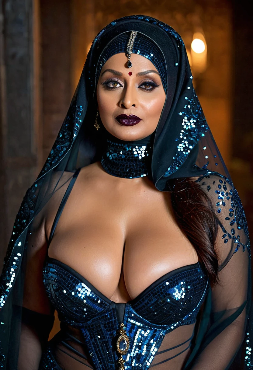 A sultry plus-size exhibitionist Vidya Balan with small breasts, draped in a liquid satin robe that cascades over her curves. The robe, in a deep midnight blue, clings to her body, emphasizing her allure. The fabric shimmers under soft, warm lighting, highlighting her amorous gaze. She stands in a lavishly decorated bedroom with velvet drapes and plush bedding, the perfect setting for an intimate, seductive scene