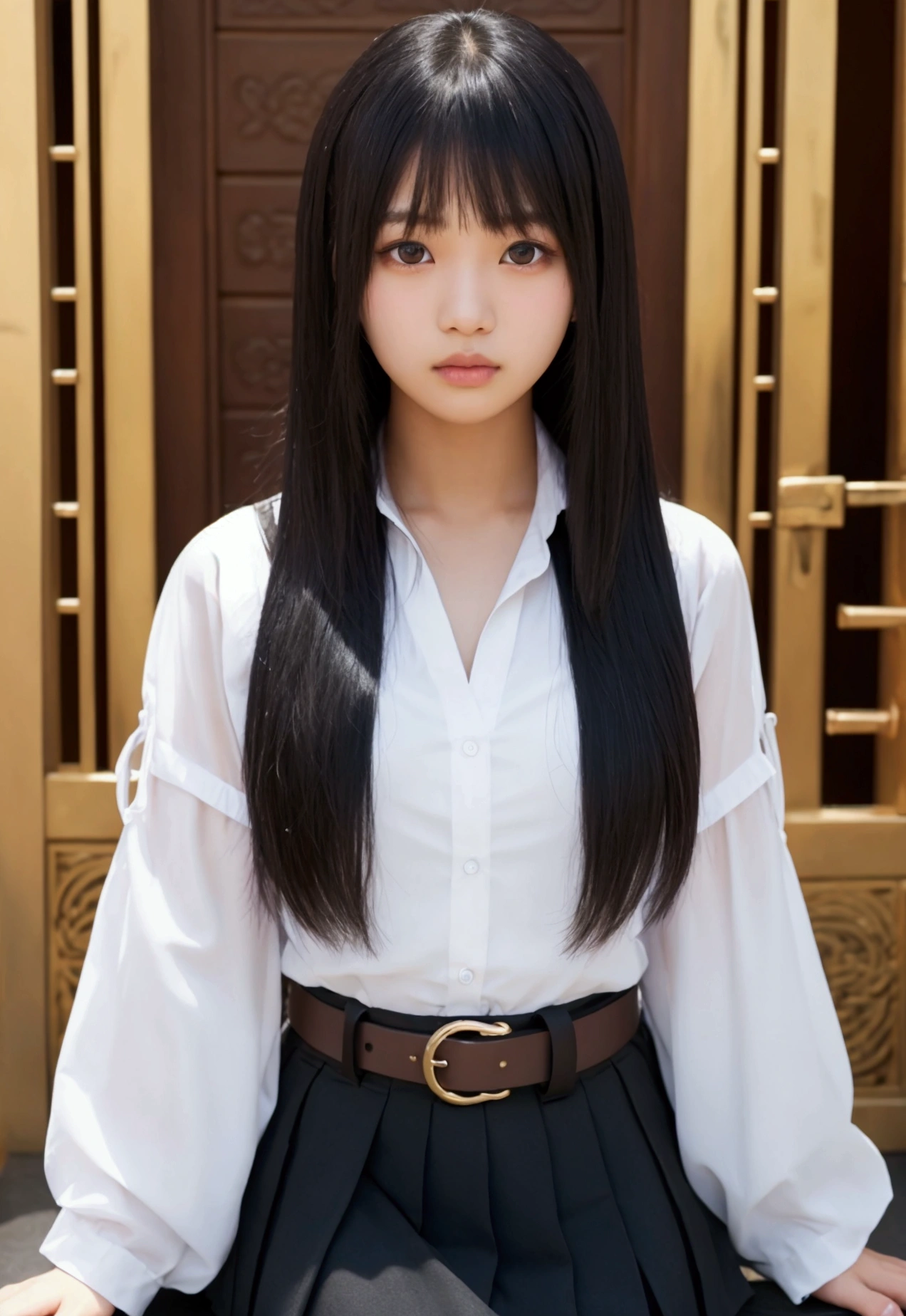 Girl ,  Thailand , belt , long black hair , front layered bangs , student 