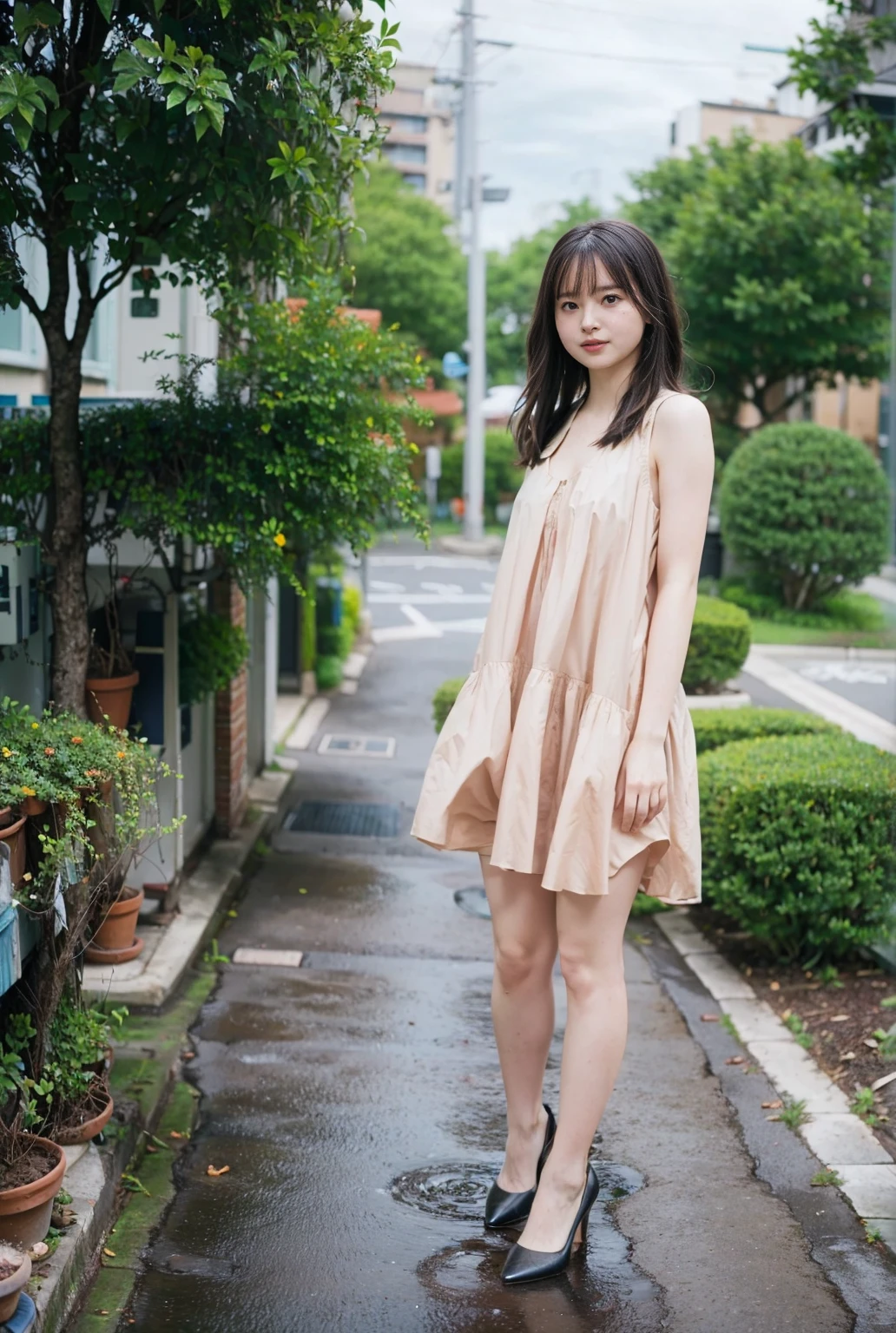 (Highest quality、High resolution、8k、masterpiece:1.55、Film Grain)、((Full body photography:1.0))、Japanese women、A woman with a cute upward gaze、Tank top with loose chest、Full body photography:1.33、Stylish clothes that show off your body lines and look great on Instagram、No underwear:1.88、Light brown hair、cute、Lens flare、((Nice style))、Highly detailed photos、Very beautiful and ideal、Super no makeup、(8k、RAW Photos、Highest quality、masterpiece:1.2)、(Realistic)、1 girl、((Looking into the camera:1.4))、Hair blowing in the wind
