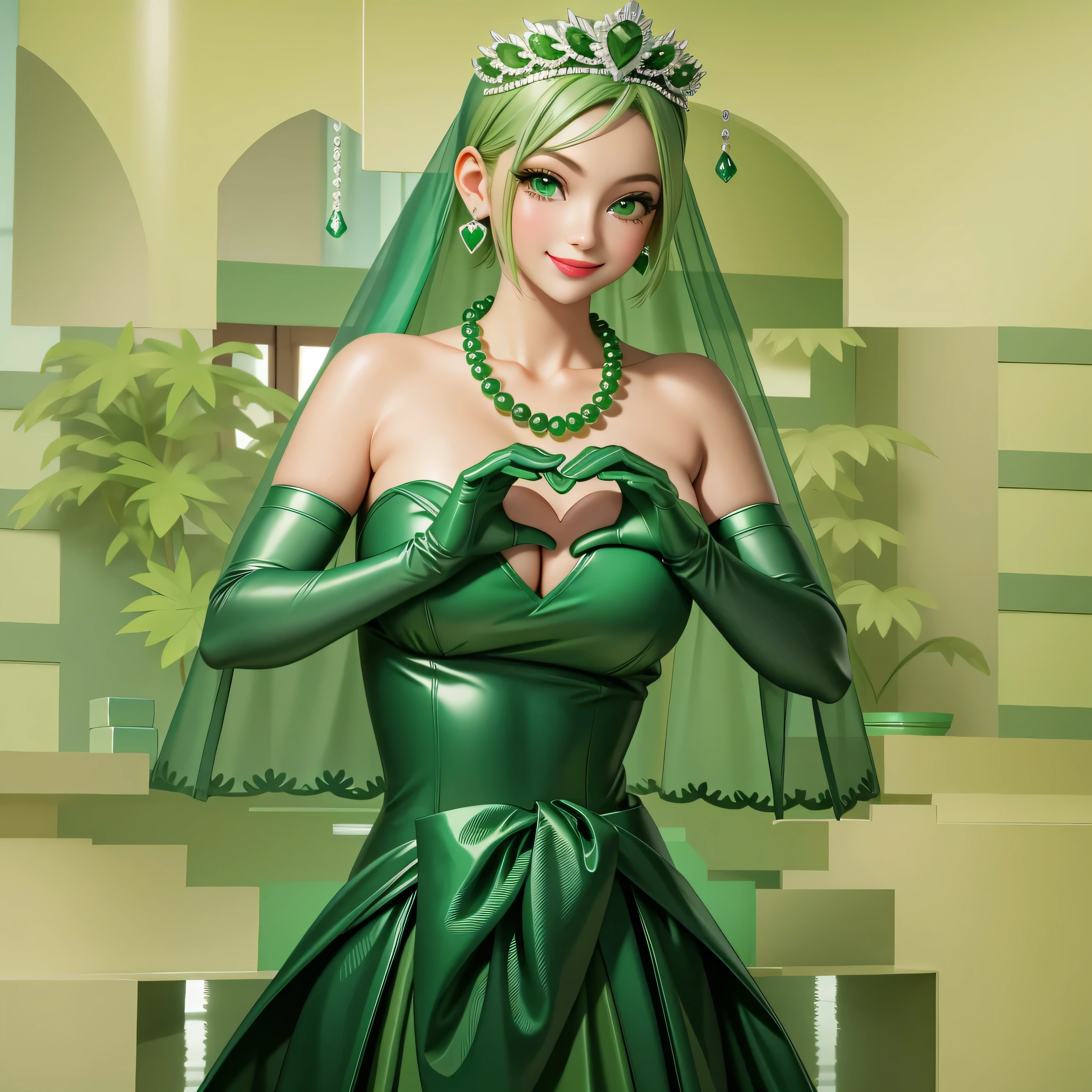 emerald tiara, Green Pearl Necklace, Boyish very short green hair, Green Lips, Smiling Japanese woman, Very short hair, Busty beautiful lady, Green Eyes, Green satin long gloves, Green Eyes, Emerald Earrings, Green veil, Heart with both hands, Green Hair, Beautiful Japanese Woman, Heart shaped hands:1.3, green lip gloss