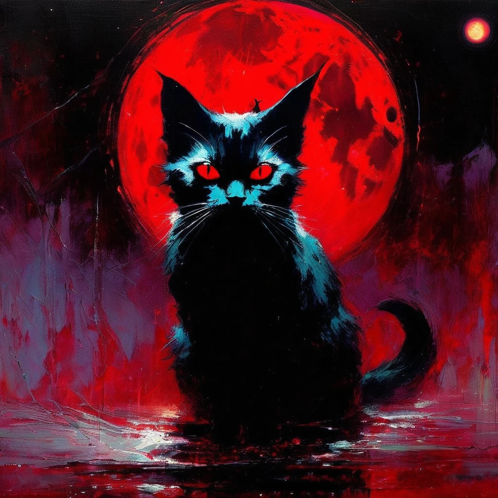 satanic cat, red moon,  (art inspired by Bill Sienkiewicz). oil painting)
