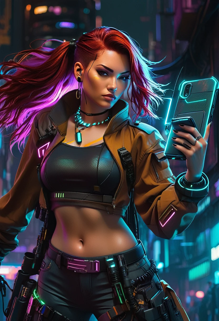 a close up of a woman holding a cell phone in her hand, cyberpunk art style, cyberpunk vibe, in cyberpunk style, cyberpunk jackie welles, cyberpunk beautiful girl, cyberpunk girl, cyberpunk angry gorgeous goddess, cyberpunk themed art, cyberpunk judy alvarez, redhead female cyberpunk, cyberpunk character art, cyberpunk 2 0 y. o model girl, female cyberpunk, cyberpunk women, cyberpunk woman