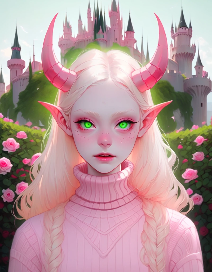 Albino demon girl standing, (eyes large, The eyes are delicate and beautiful, beautiful and delicate face, details on the face), ( Green curls:1.3) , Walk through pink rose bushes and the castle in the distance, Pink turtleneck sweater with tulle skirt, orthodontic appliances, chewing gum , blinking ,(long, complex horns:1.2) Sneakers with socks, rainbow journey