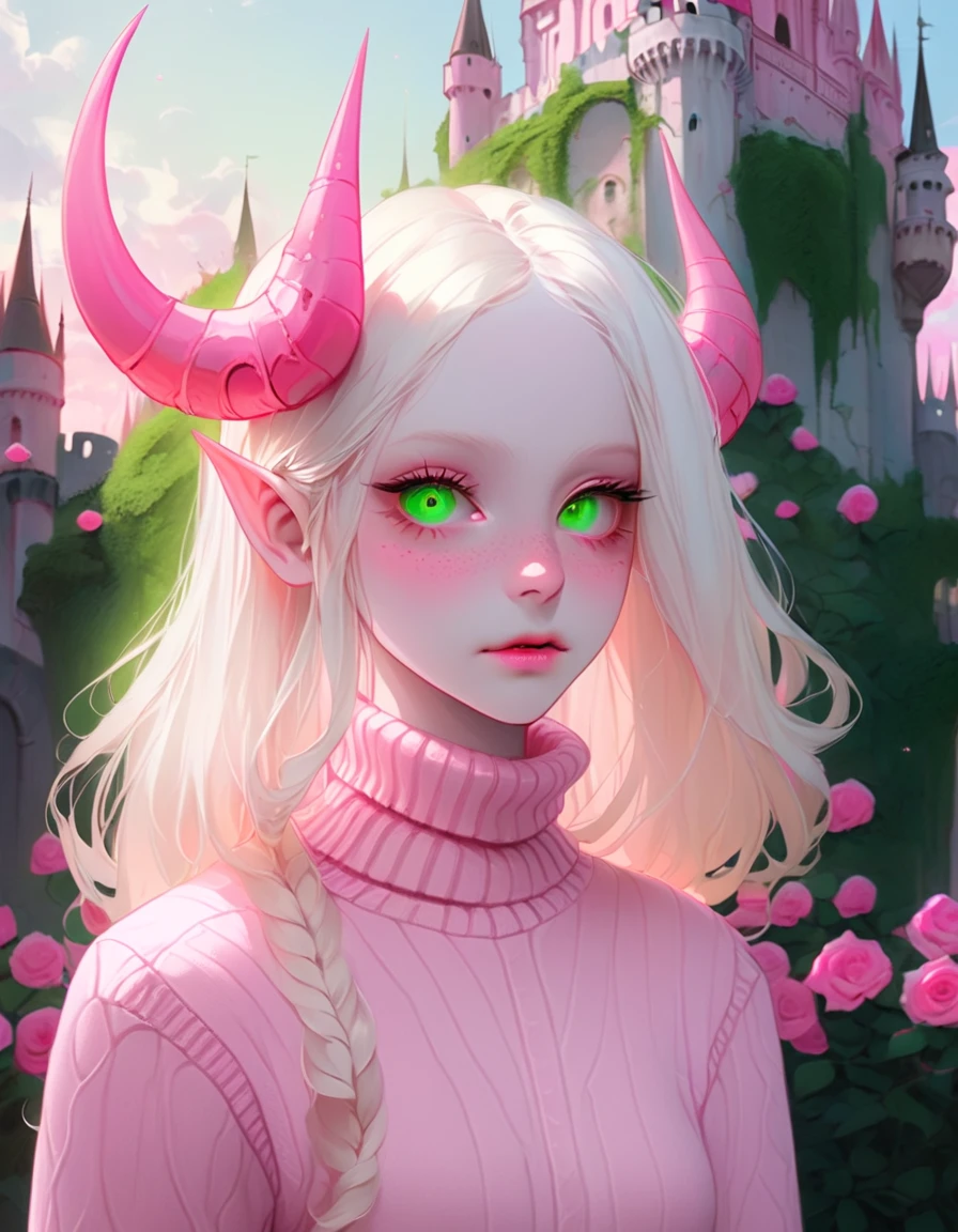 Albino demon girl standing, (eyes large, The eyes are delicate and beautiful, beautiful and delicate face, details on the face), ( Green curls:1.3) , Walk through pink rose bushes and the castle in the distance, Pink turtleneck sweater with tulle skirt, orthodontic appliances, chewing gum , blinking ,(long, complex horns:1.2) Sneakers with socks, rainbow journey